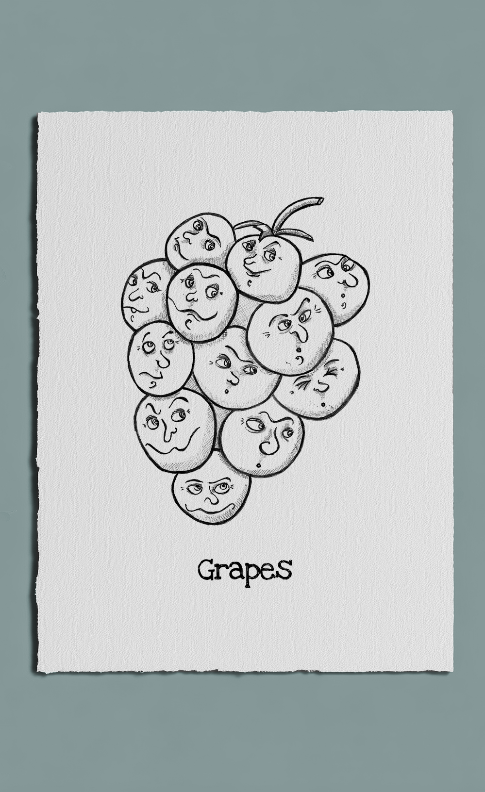 Black and white illustration of grapes on a gray background