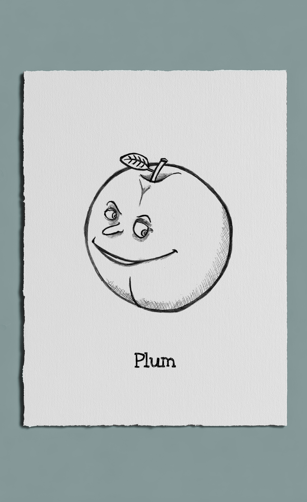 Cartoon plum with a face on a gray background