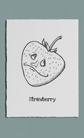 Black and white illustration of a strawberry with a face on a gray background