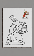 Illustration of a bear in a chef's outfit holding a cake, with another bear in the background carrying a basket.