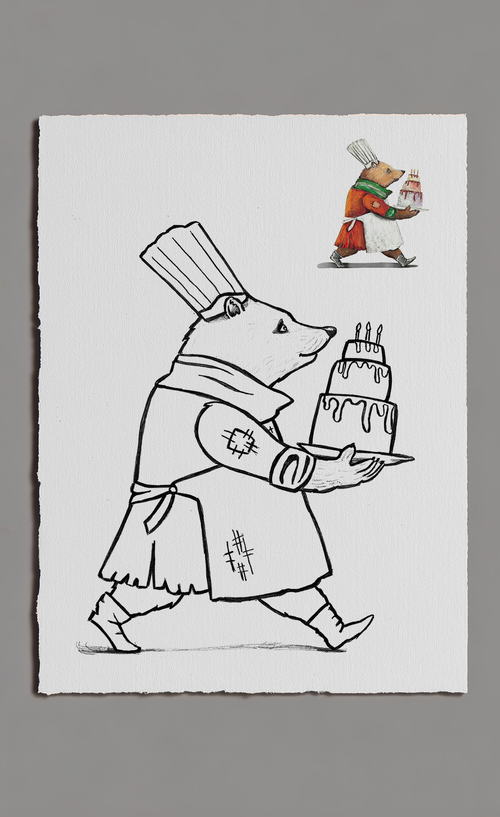 Illustration of a bear in a chef's outfit holding a cake, with another bear in the background carrying a basket.