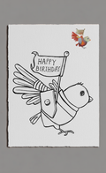 Cartoon bird holding a 'Happy Birthday' sign on a white background