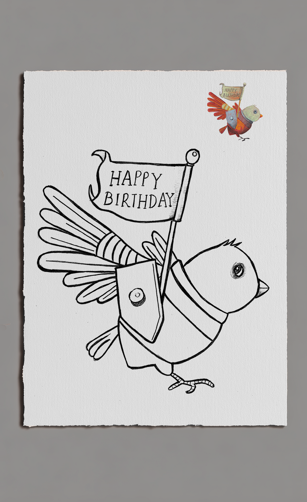 Cartoon bird holding a 'Happy Birthday' sign on a white background