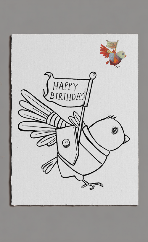 Cartoon bird holding a 'Happy Birthday' sign on a white background