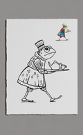Illustration of a frog waiter with a tea set on a white background