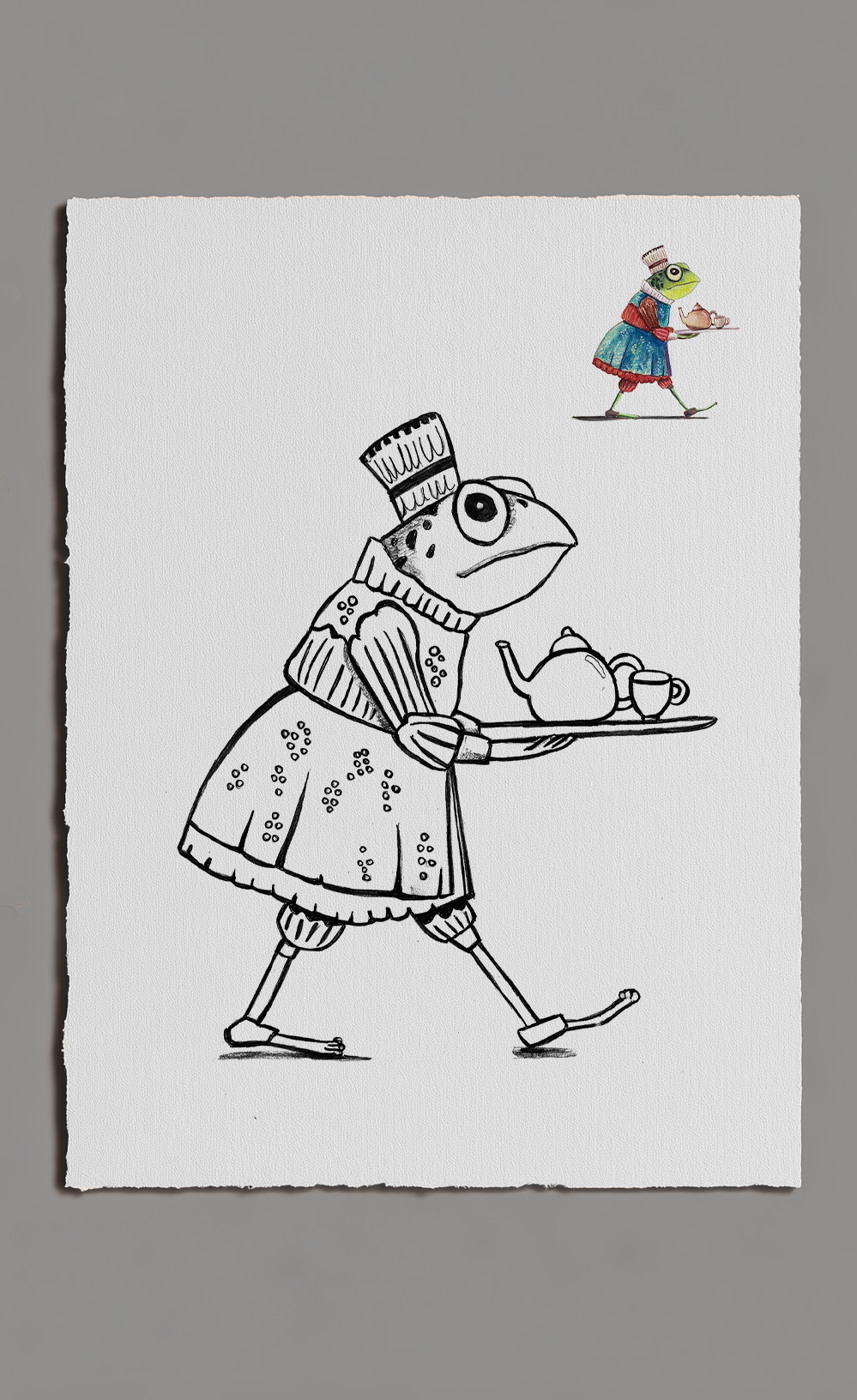 Illustration of a frog waiter with a tea set on a white background
