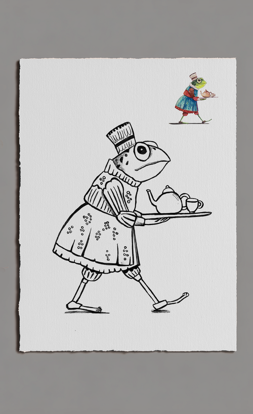 Illustration of a frog waiter with a tea set on a white background