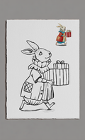 Illustration of a rabbit character with a gift box on a white background