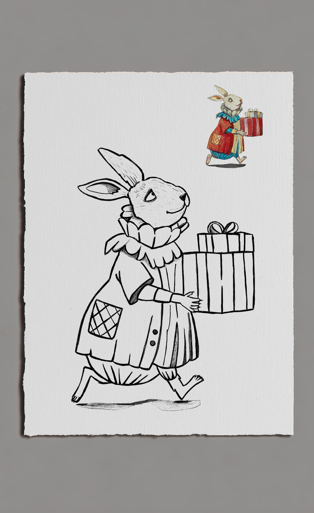 Illustration of a rabbit character with a gift box on a white background