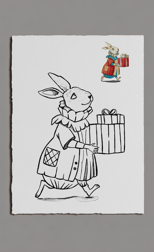 Illustration of a rabbit character with a gift box on a white background