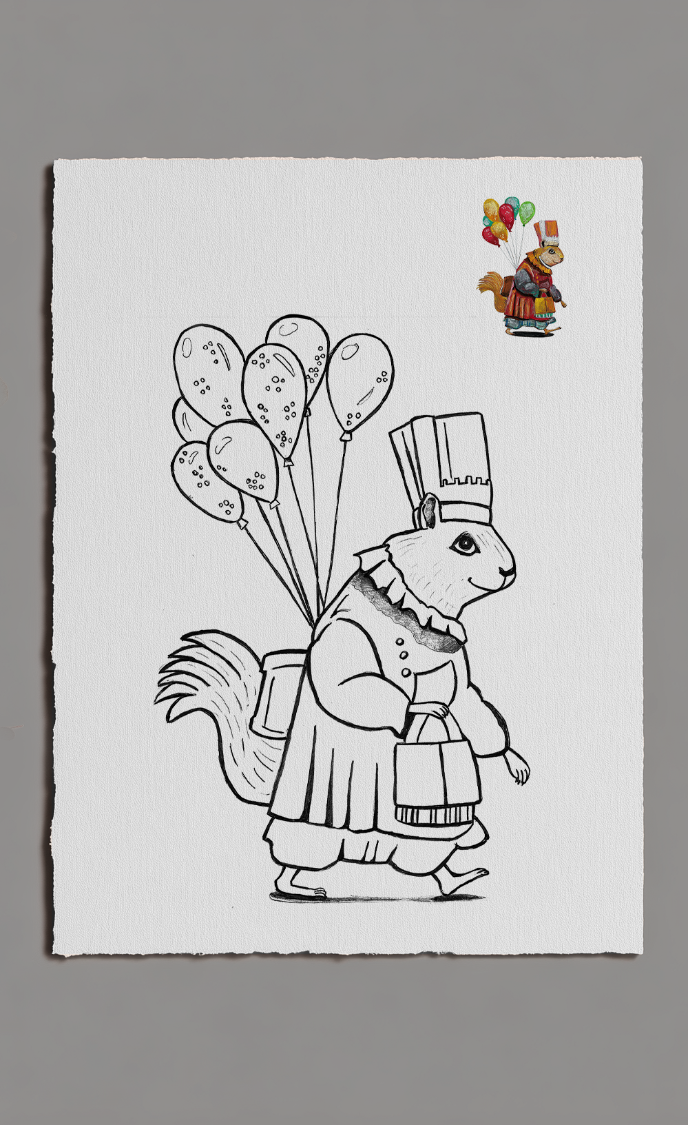 Black and white illustration of a squirrel in a costume holding balloons on a white background.