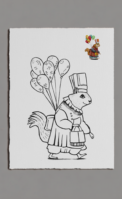 Black and white illustration of a squirrel in a costume holding balloons on a white background.