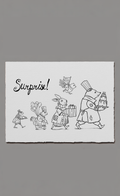 Illustrated card with black line art on a white background, featuring text and characters.