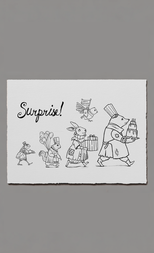 Illustrated card with black line art on a white background, featuring text and characters.