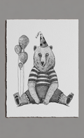 Illustration of a bear wearing a party hat with balloons on a white background