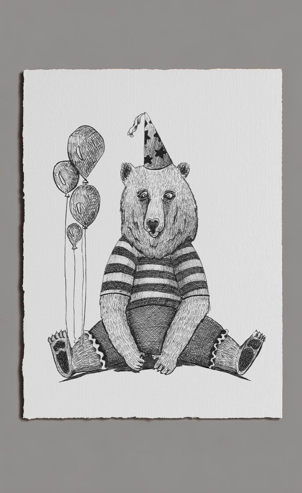 Illustration of a bear wearing a party hat with balloons on a white background