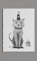 Illustration of a cat wearing a party hat with a cupcake next to it on a white background