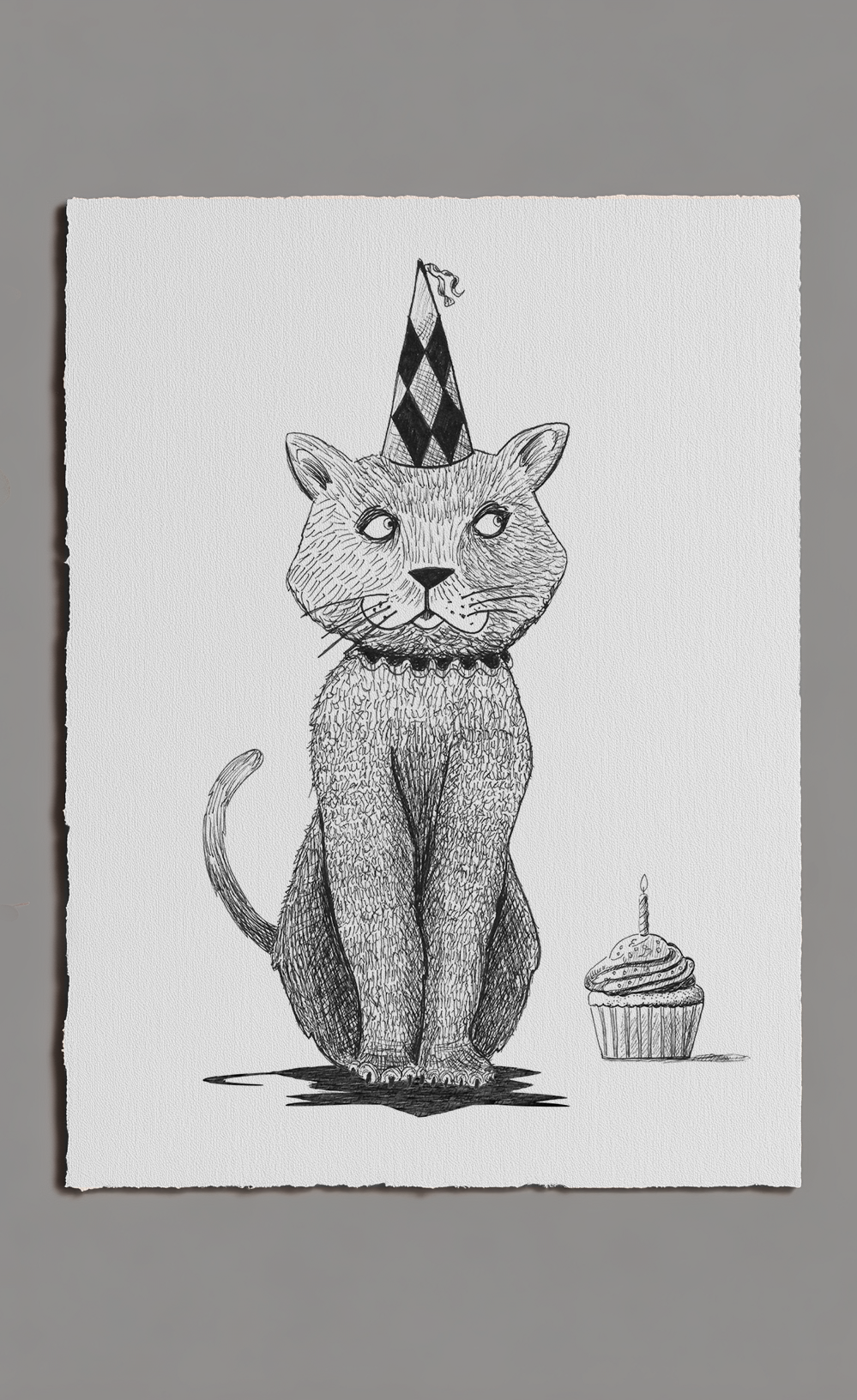 Illustration of a cat wearing a party hat with a cupcake next to it on a white background