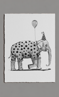 Illustration of an elephant with polka dot pattern and party hat, holding a balloon on a white background.