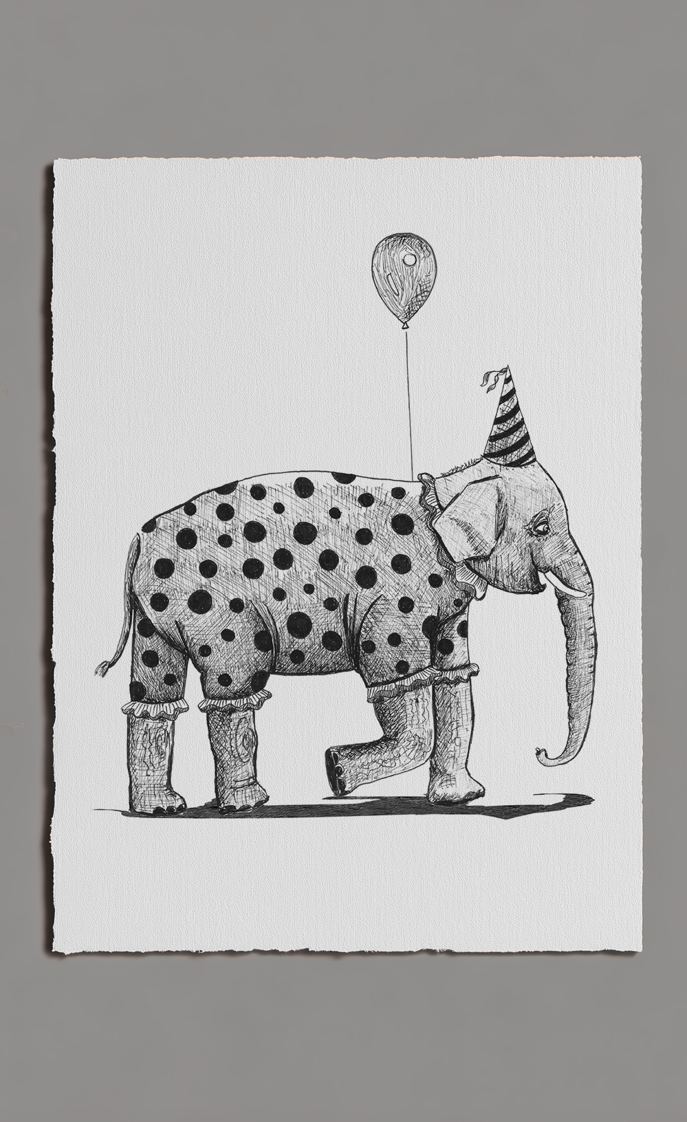 Illustration of an elephant with polka dot pattern and party hat, holding a balloon on a white background.