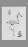Illustration of a flamingo with party hat and balloon, standing next to a cupcake on a white background.