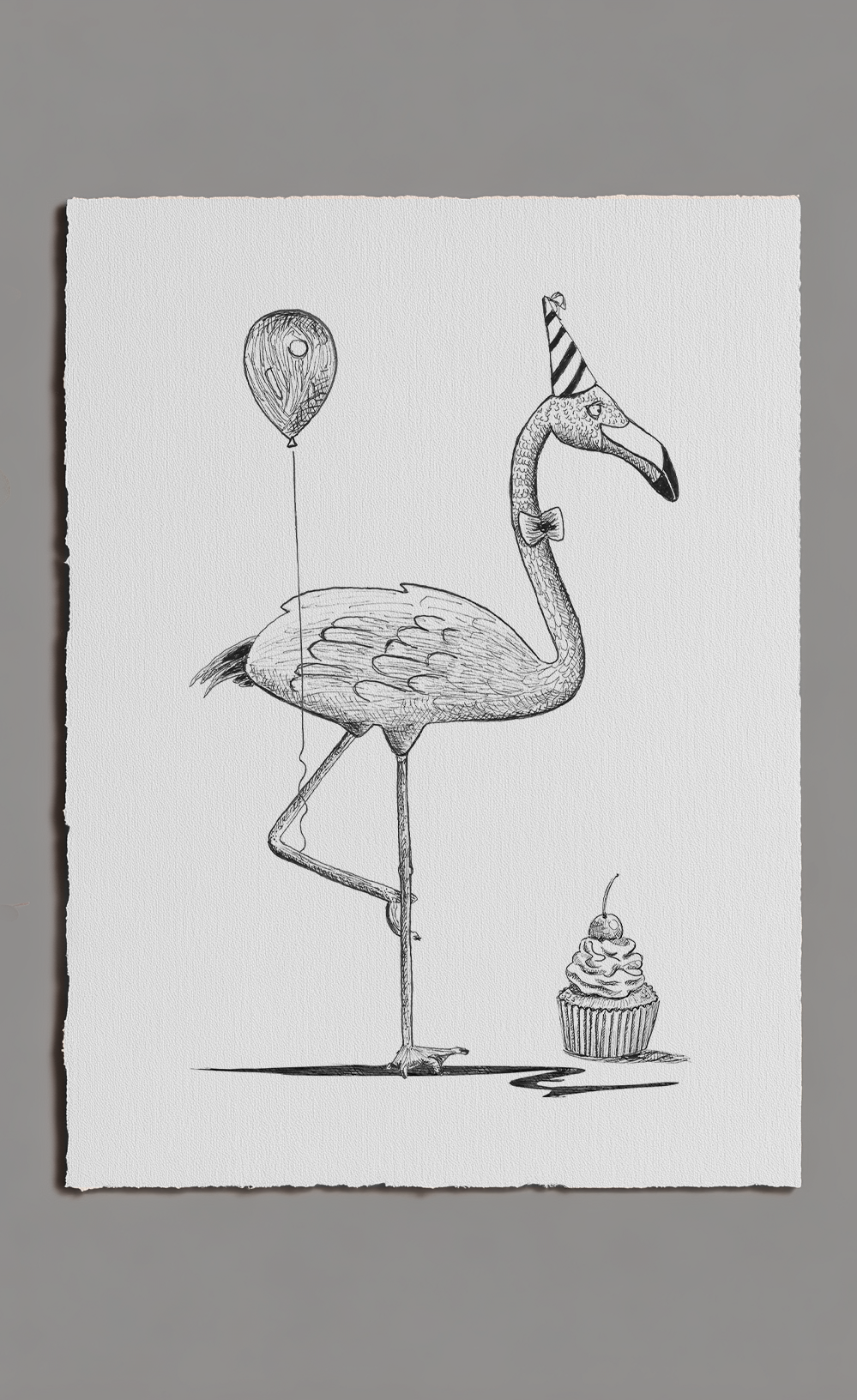Illustration of a flamingo with party hat and balloon, standing next to a cupcake on a white background.