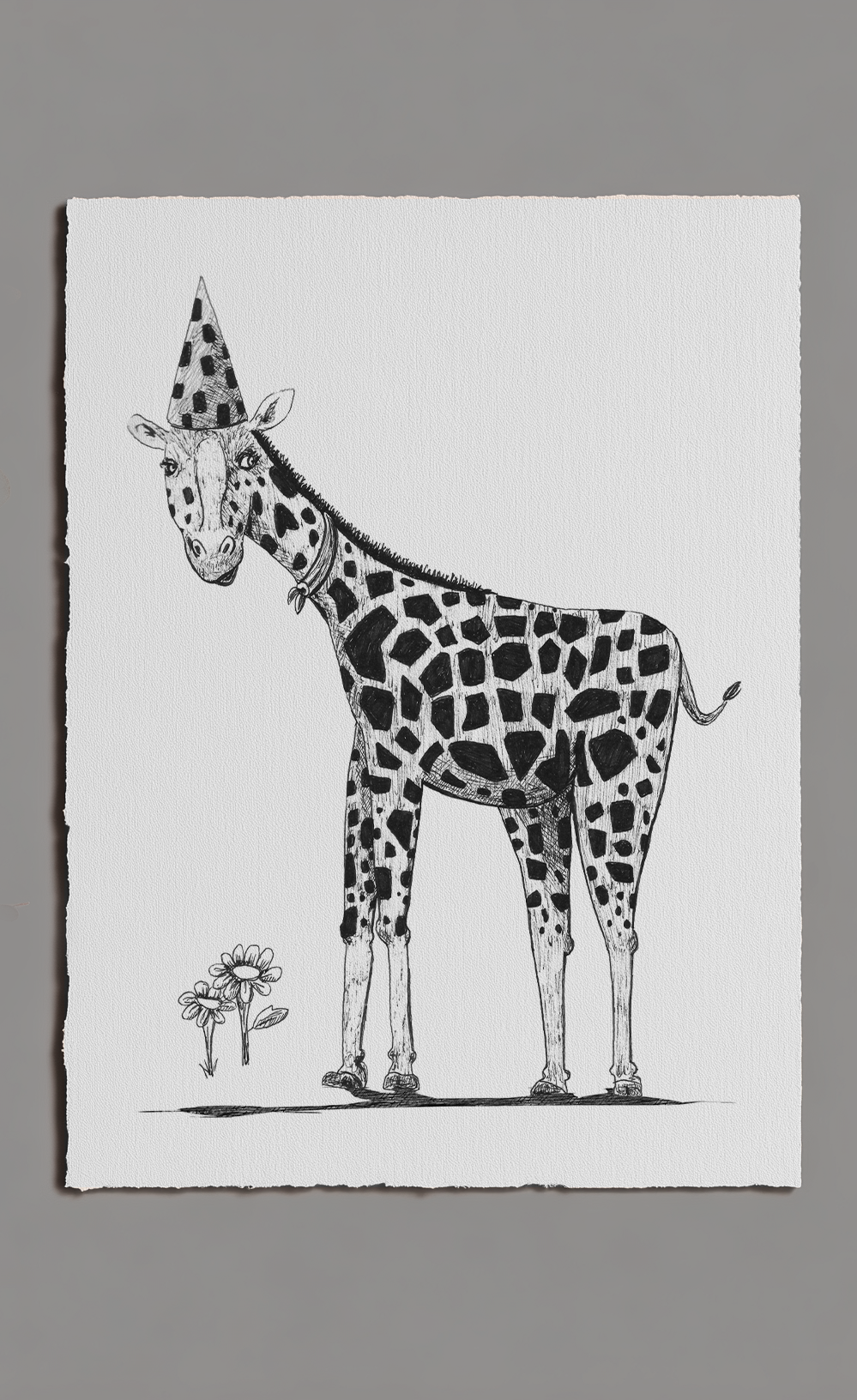 Illustration of a giraffe wearing a party hat on a white background