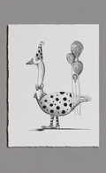 Illustration of a polka-dotted creature with balloons on a white background