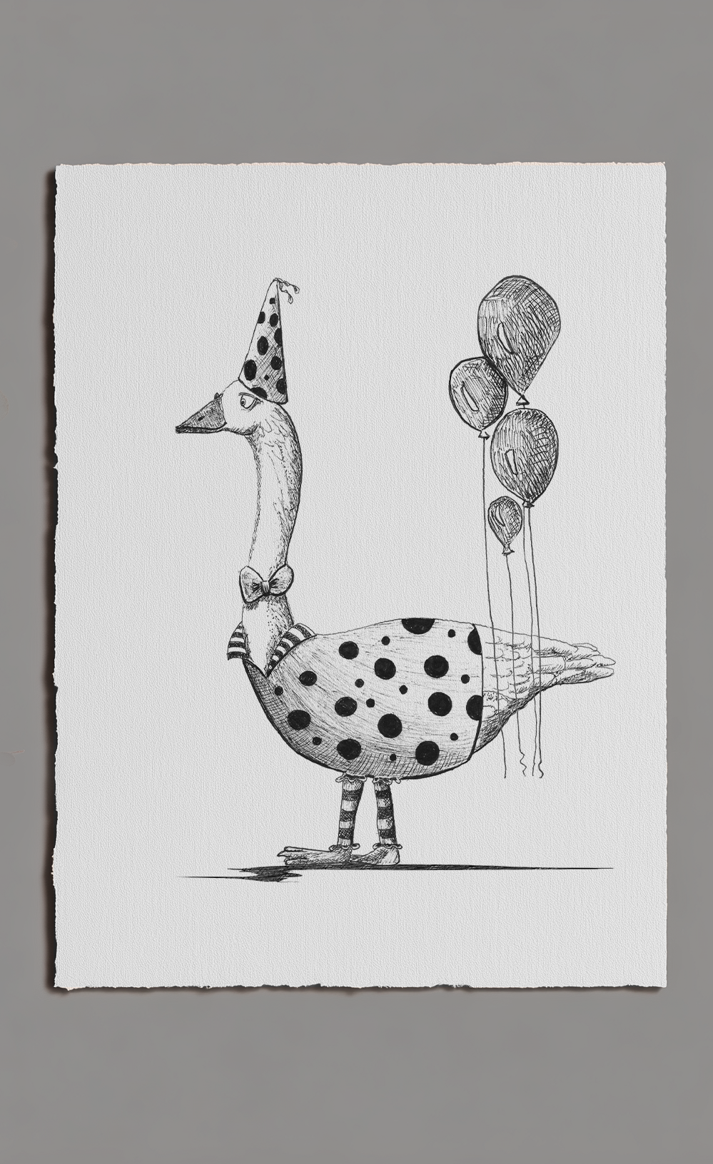 Illustration of a polka-dotted creature with balloons on a white background