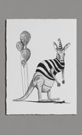 Illustration of a kangaroo wearing a striped shirt and party hat with balloons on a white background