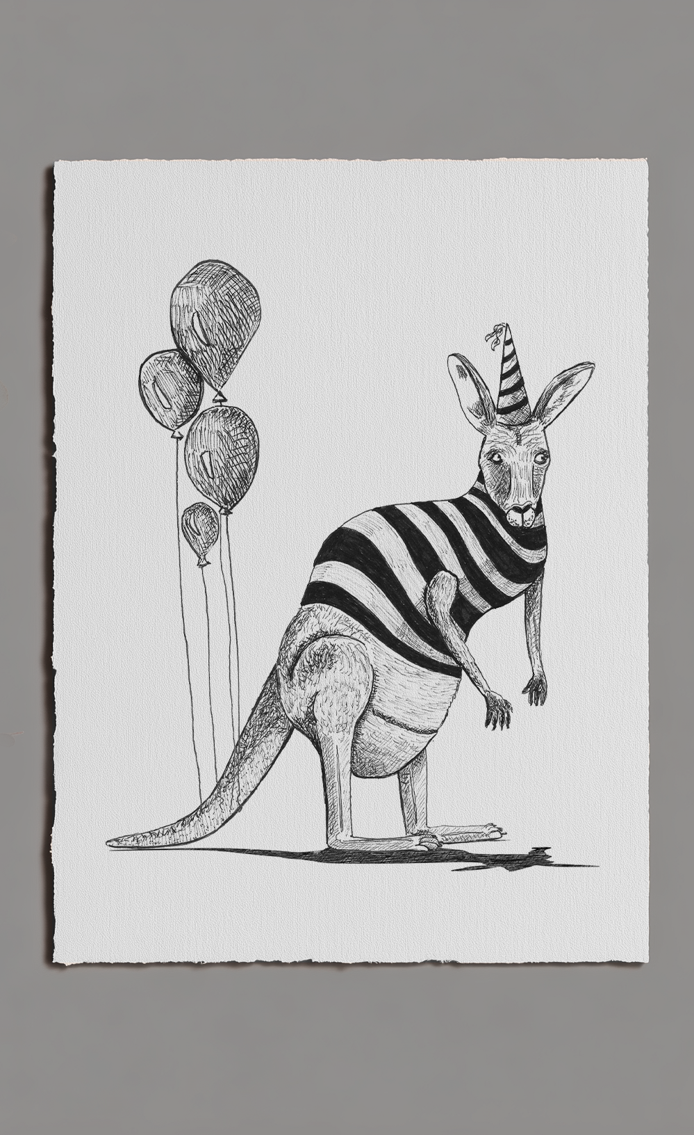Illustration of a kangaroo wearing a striped shirt and party hat with balloons on a white background