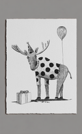 Illustration of a polka-dotted moose with a balloon and gift on a white background