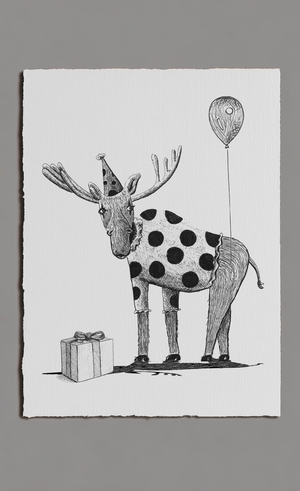 Illustration of a polka-dotted moose with a balloon and gift on a white background