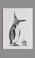 Illustration of a penguin with a birthday cake on a white background