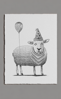 Illustration of a sheep wearing a party hat with a balloon on a white background