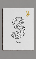 Number three with a decorative design on a white card against a gray background