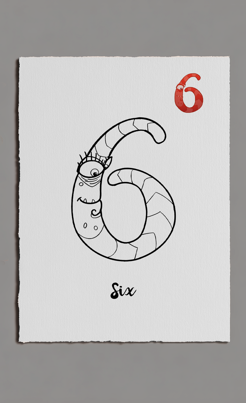 Illustration of a number six with a worm-like design on a white background