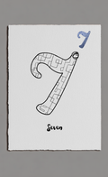 Number 7 design on a white card with blue accents against a gray background