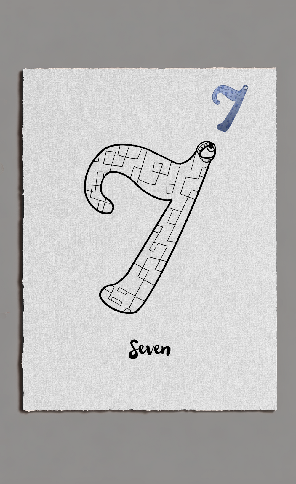 Number 7 design on a white card with blue accents against a gray background