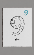 Number 9 design with a caterpillar illustration on a gray background