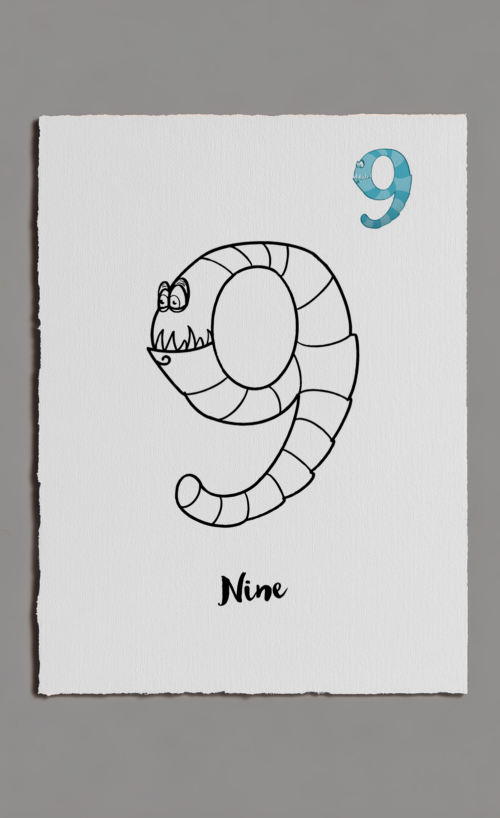 Number 9 design with a caterpillar illustration on a gray background