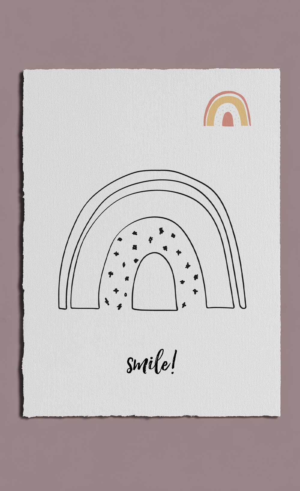 Poster with rainbow designs and 'smile!' text on a plain background