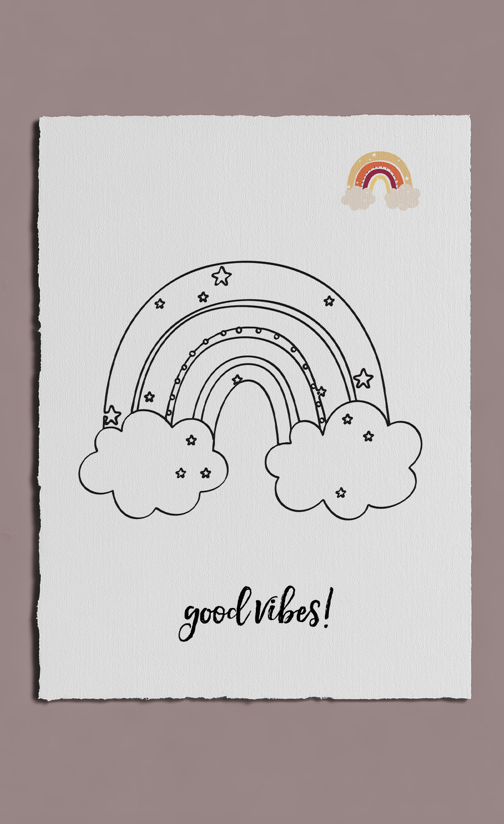 Poster with a black outline of a rainbow and clouds, 'good vibes!' text, and a colorful rainbow sticker on a white background.