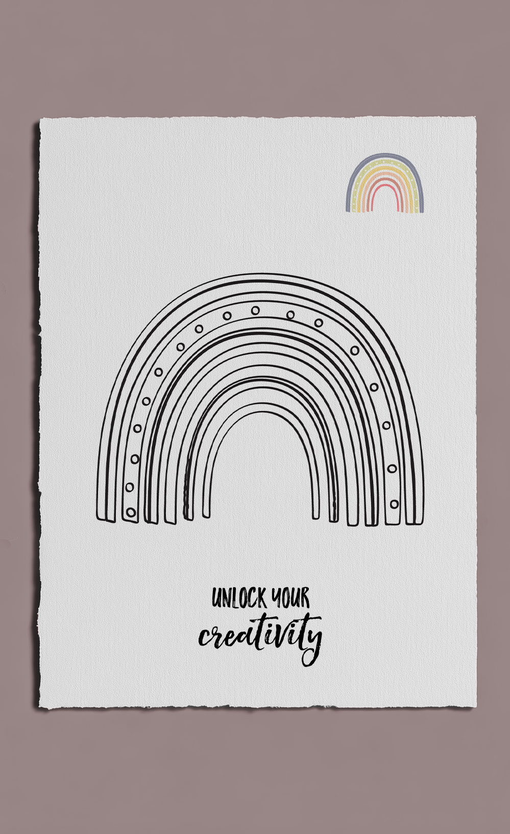 Poster with a black rainbow and text 'Unlock your creativity' on a white background