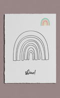 Poster with black line art rainbow and 'shine!' text on a white background