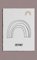 White paper with black rainbow illustration and 'EXCITING!' text on a beige background