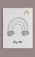 Poster with black line art of two rainbows and a colorful rainbow at the top on a white background.
