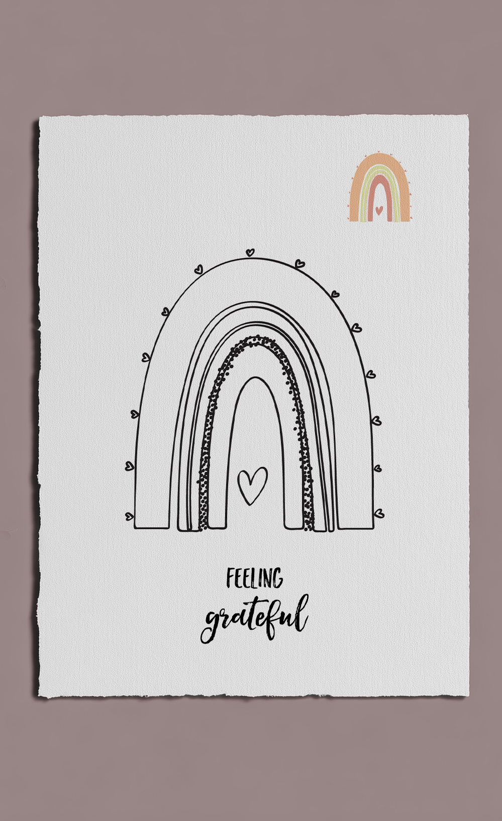 Poster with rainbow design and 'feeling grateful' text on a beige background
