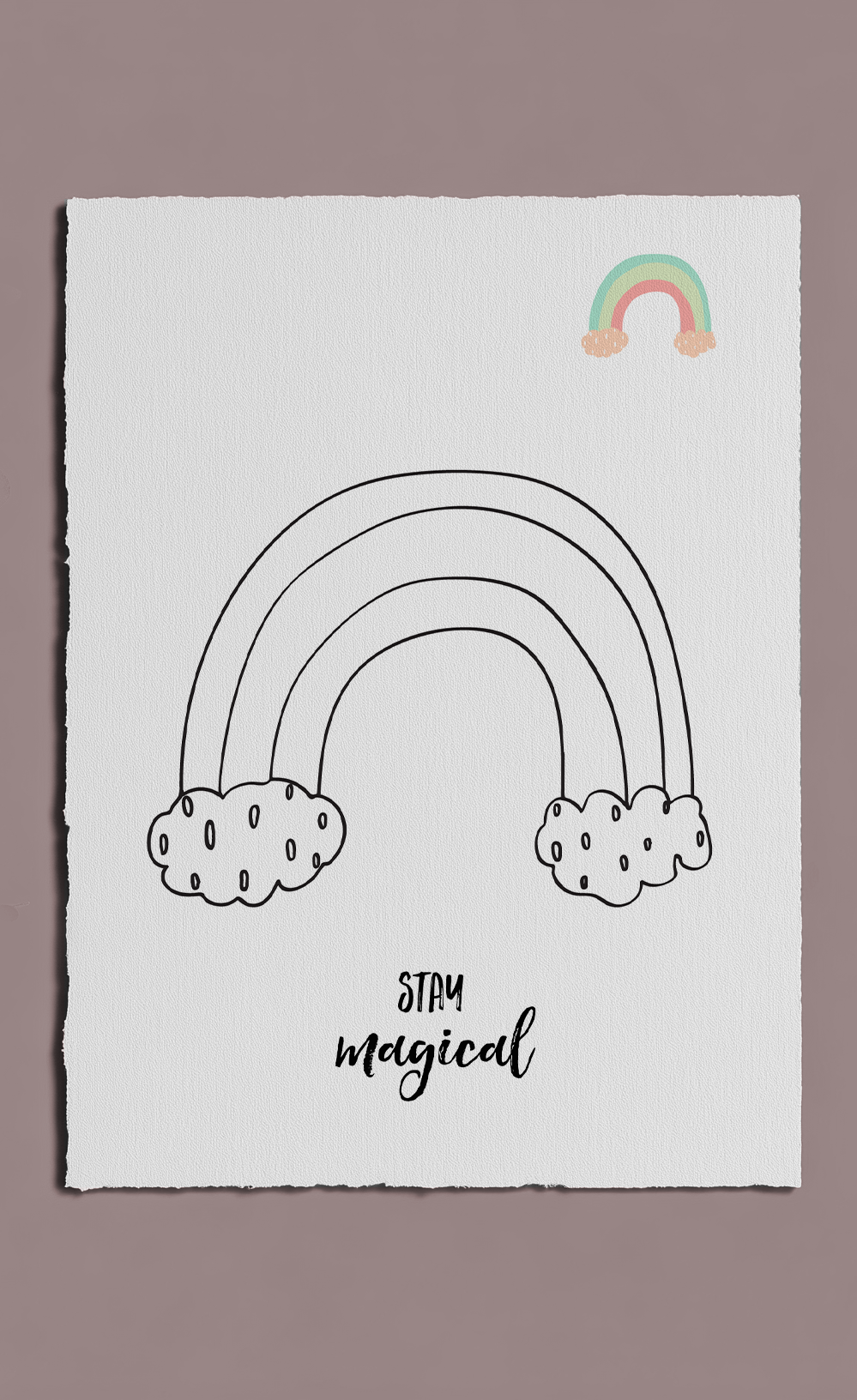 Poster with a rainbow and clouds illustration and 'Stay Magical' text on a light gray background.