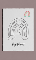 Poster with a rainbow and clouds illustration and 'hugs & kisses!' text on a light gray background.